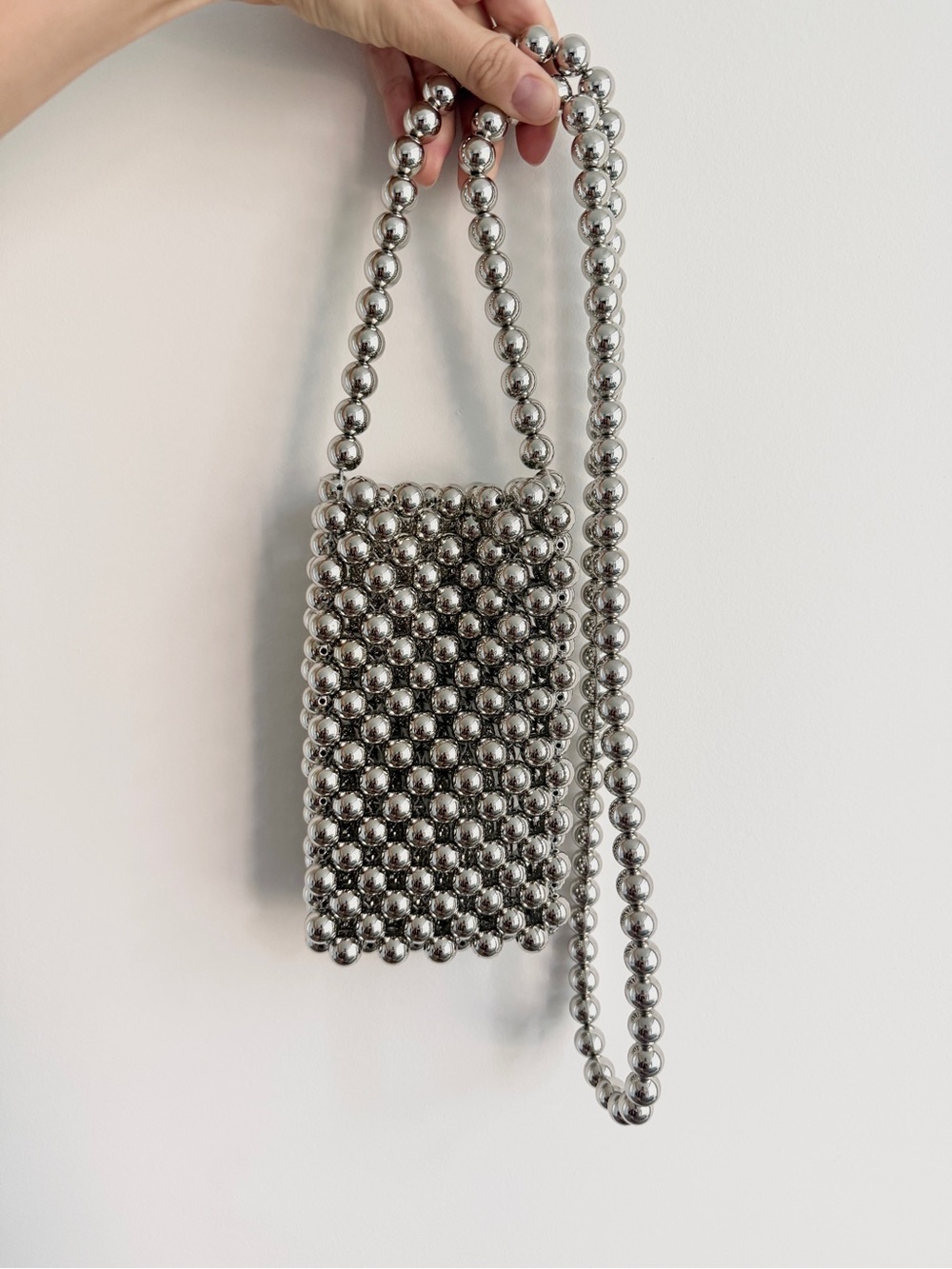 Silver metallic ball chain orb beaded crossbody phone bag pouch